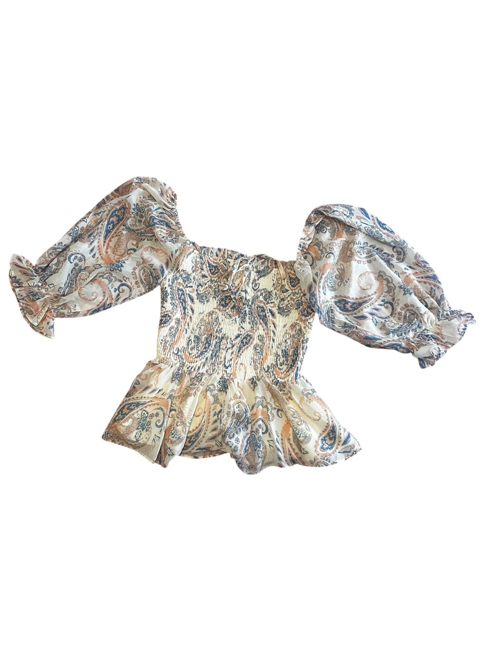 Flying Tomato Boho Smocked Paisley Peplum Blouse Womens Size Small